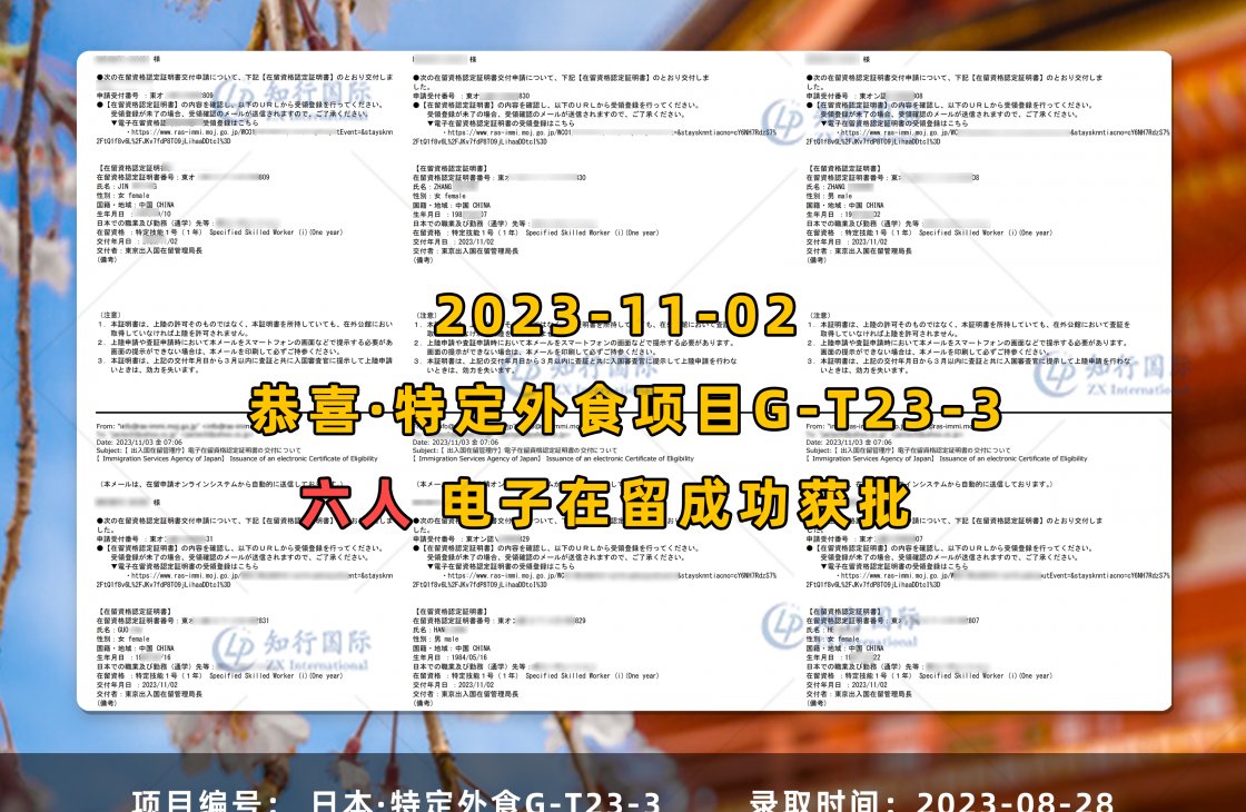 2023-11-02 特定外食 郭芬 韓利昆 何匙佳 金美玲 張海燕 張秀東 6人【特定外食電子在留獲批】